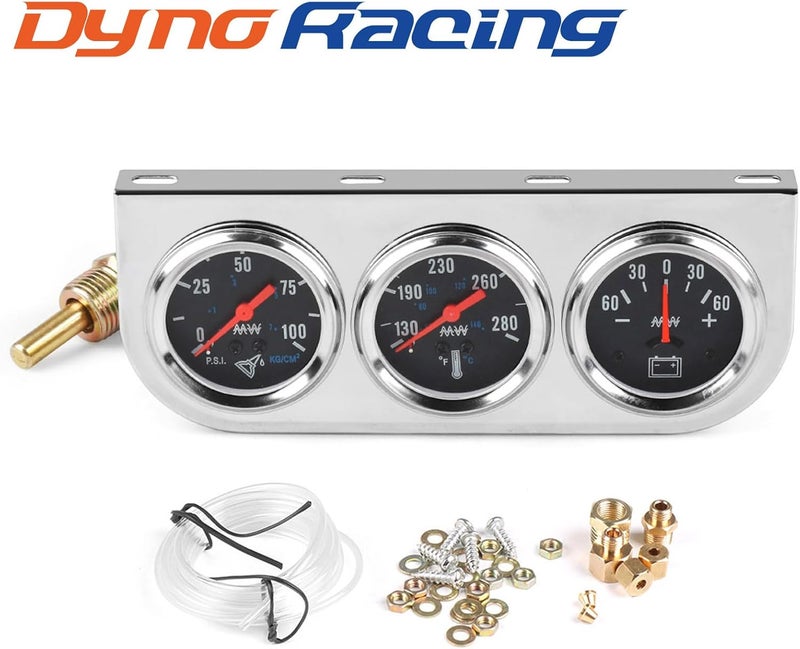 Dyno Racing 2" 52mm Car Triple Gauge Kit Set Chrome Panel Mechanical 3 in 1 Oil Pressure Gauge Fahrenheit Water Temperature Temp Gauge AMP Ammeter Gauges Meter Black Face - Image 2